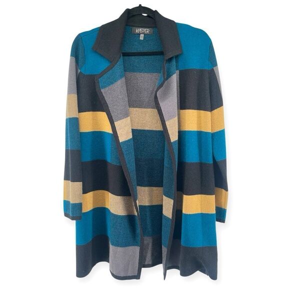 Kasper Women’s Long Colorblock Draped Open Front Acrylic Wool Cardigan Large - Picture 1 of 10